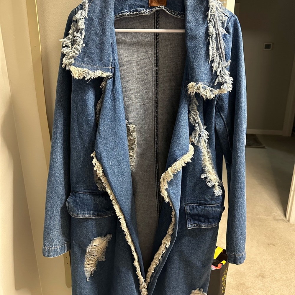 POL Distressed Blue Denim Long Coat with Frayed Trim